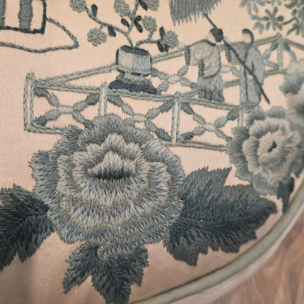 Vintage Asian Round Silk Embroidered Pillow Pagoda Landscape Style Green 14.5in